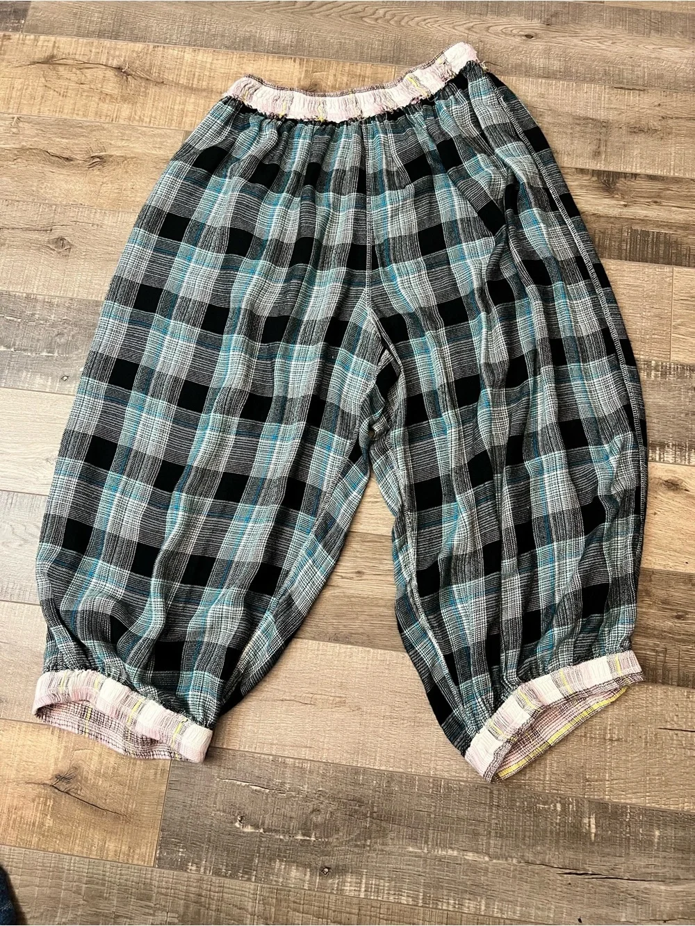 Free People Black and Teal Plaid Elastic-Waist lounge Pants M